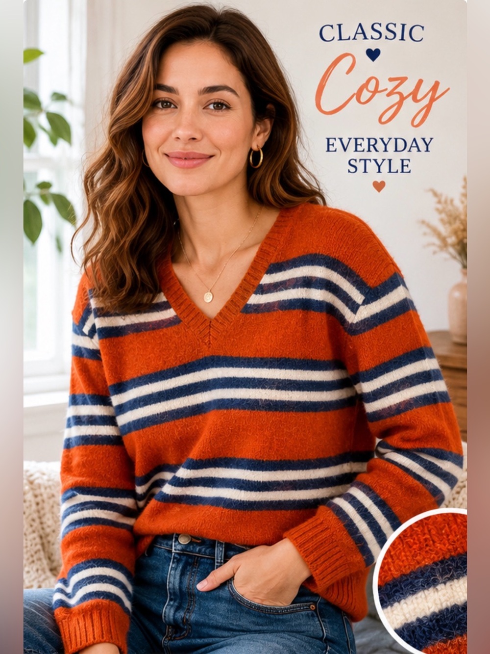 Express 100% Lambswool Striped V-Neck Sweater L Orange Blue Cozy Fall